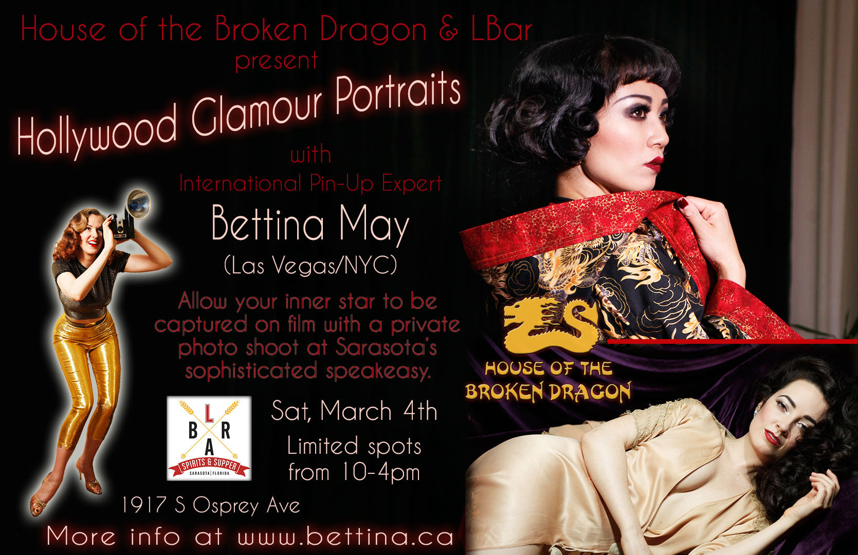 HOTBD Presents: Hollywood Glamour Portraits with Bettina May; Saturday, March 4.