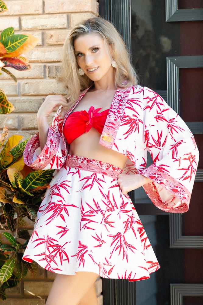 "Red Bamboo" Kimono Shrug & Skirt Set